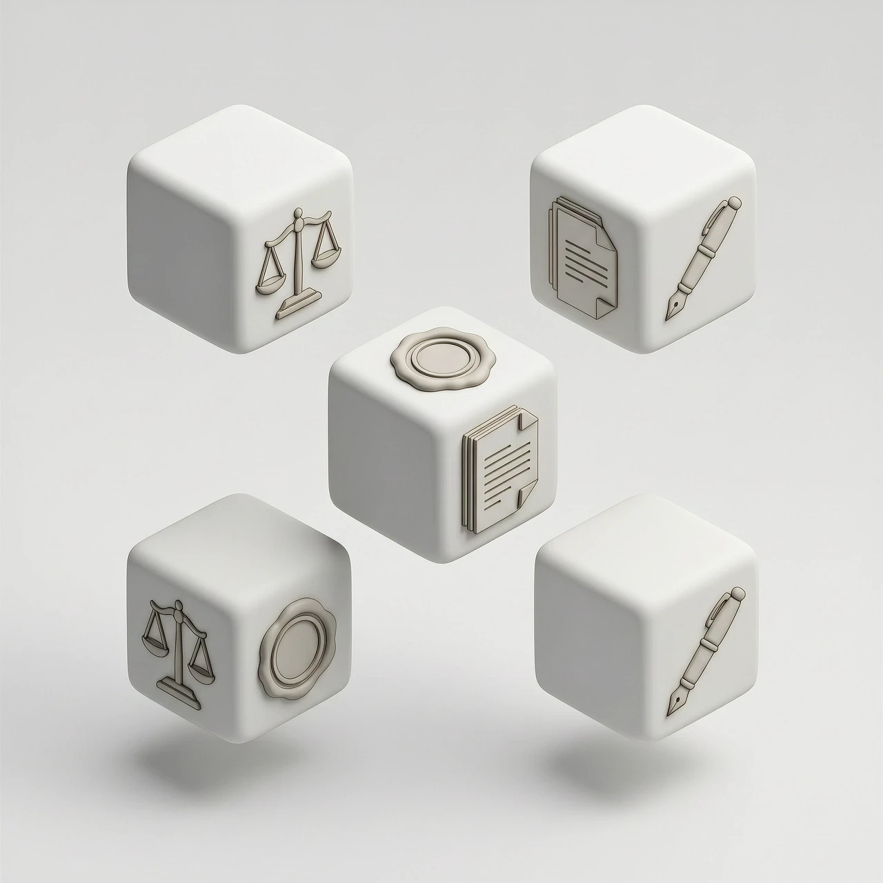 3D isometric composition of minimalist matte white cubes floating in a clean, studio space. Each cube features high-quality, embossed or debossed icons related to legal entity…