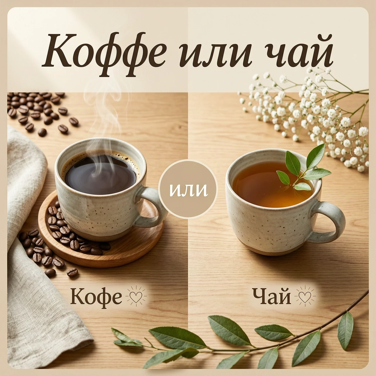 Фотореалистичная композиция «Кофе или чай» в стиле hygge, единая тёплая цветовая гамма (бежевый, кремовый, оливковый, тёплый коричневый), мягкий рассеянный свет, 8K. Кадр…