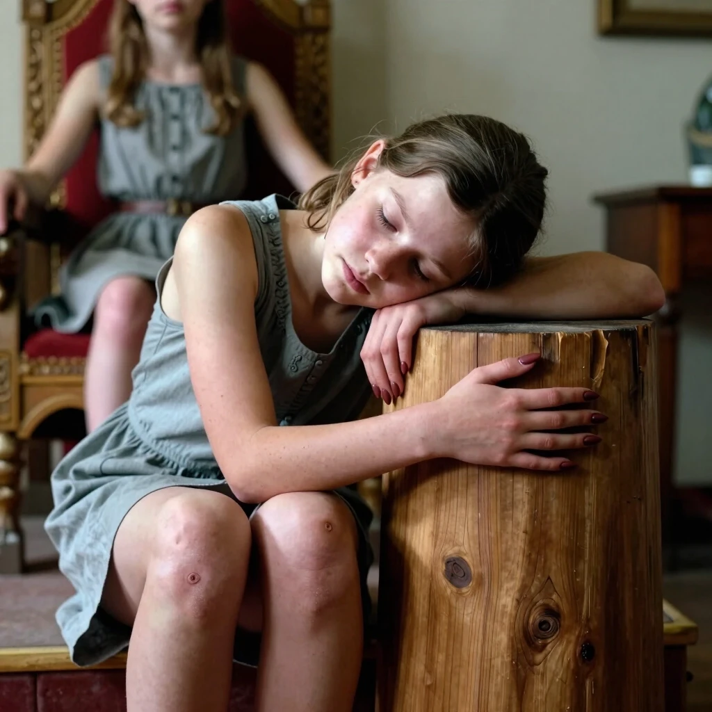 She is sitting on her heels. To her right stands a wide wooden block in the shape of a sawn‑off stump. The girl rested her head on this block and wrapped her arms around it from…