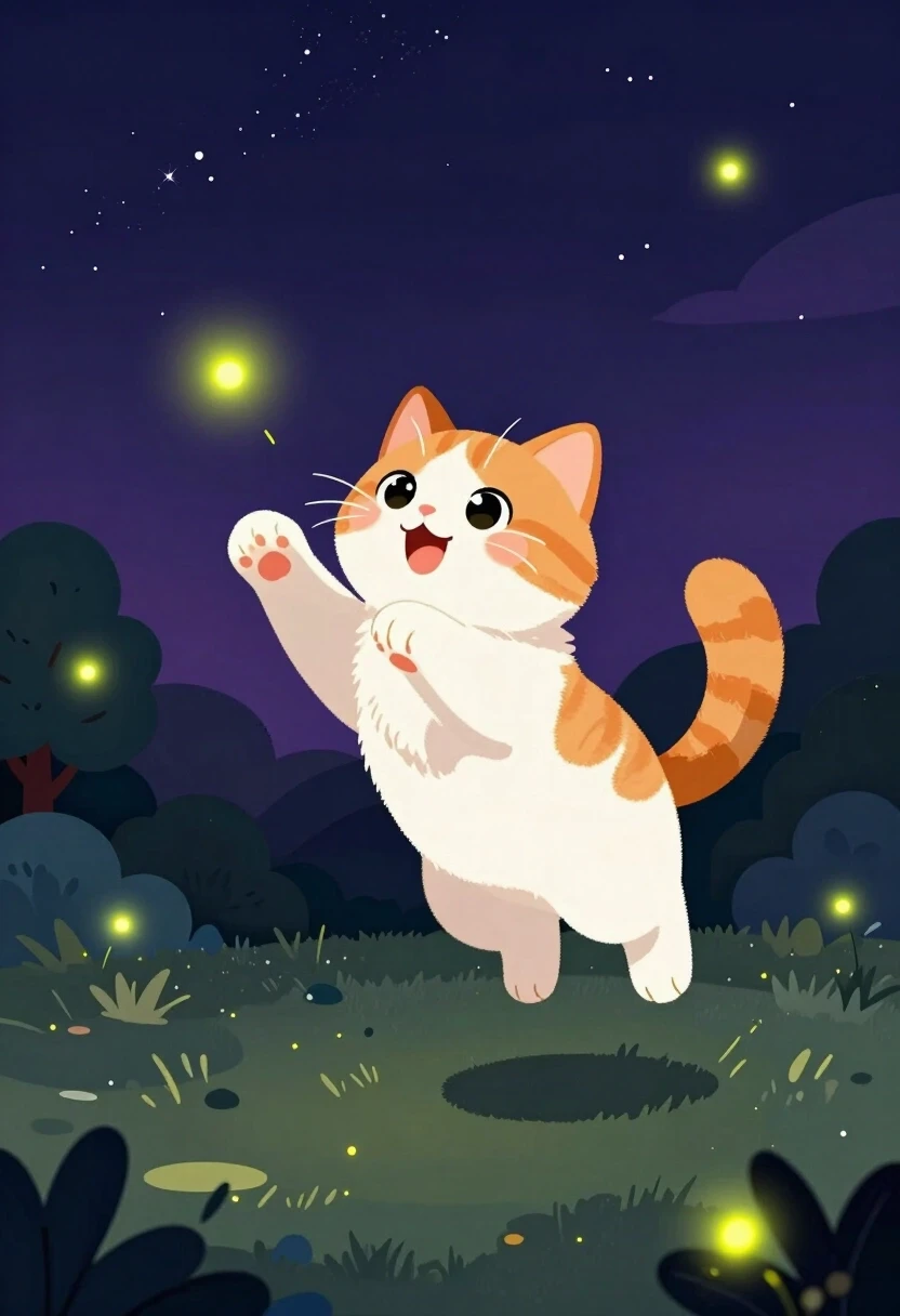 a cute fluffy orange and white cat with big round sparkling eyes, pink nose, rosy cheeks and a joyful open-mouthed smile, leaping playfully through the air with paws…