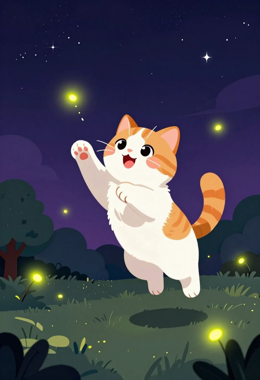 a cute fluffy orange and white cat with big round sparkling eyes, pink nose, rosy cheeks and a joyful open-mouthed smile, leaping playfully through the air with paws…