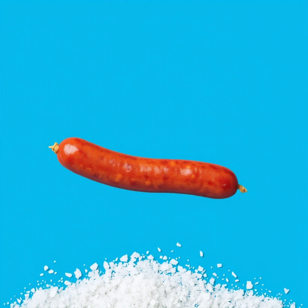 An award-winning, professional-grade photograph set against a pristine blue background. A true masterpiece—exquisitely beautiful. A stick of smoked sausage rests atop a bed of…