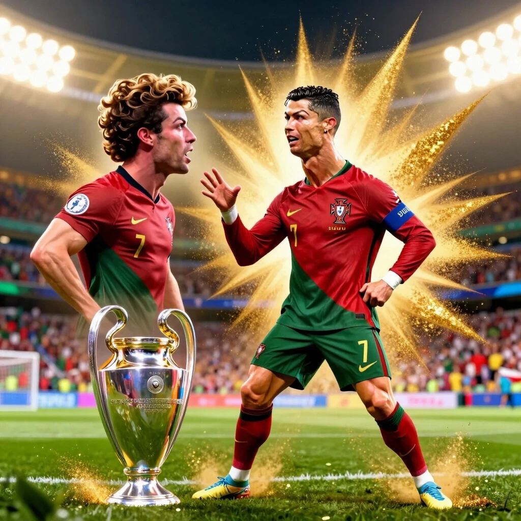 Hyper-realistic caricature of Cristiano Ronaldo, whose muscles have become so gigantic they have their own faces and are arguing with each other. His iconic "SIUUU"…