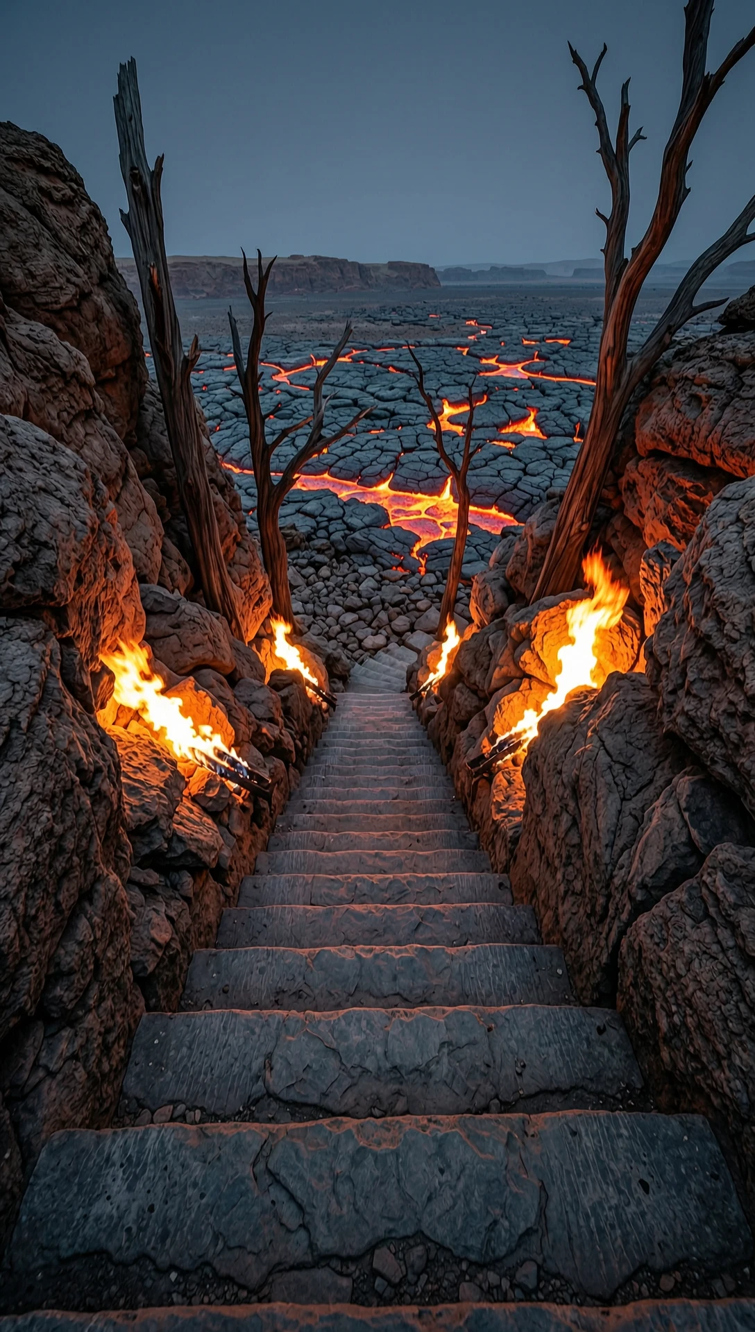 dark staircase, going down, narrowing downwards. There, at the bottom is a stony desert, lava, charred trees, reflections of tongues of flame on the stones. — работа…