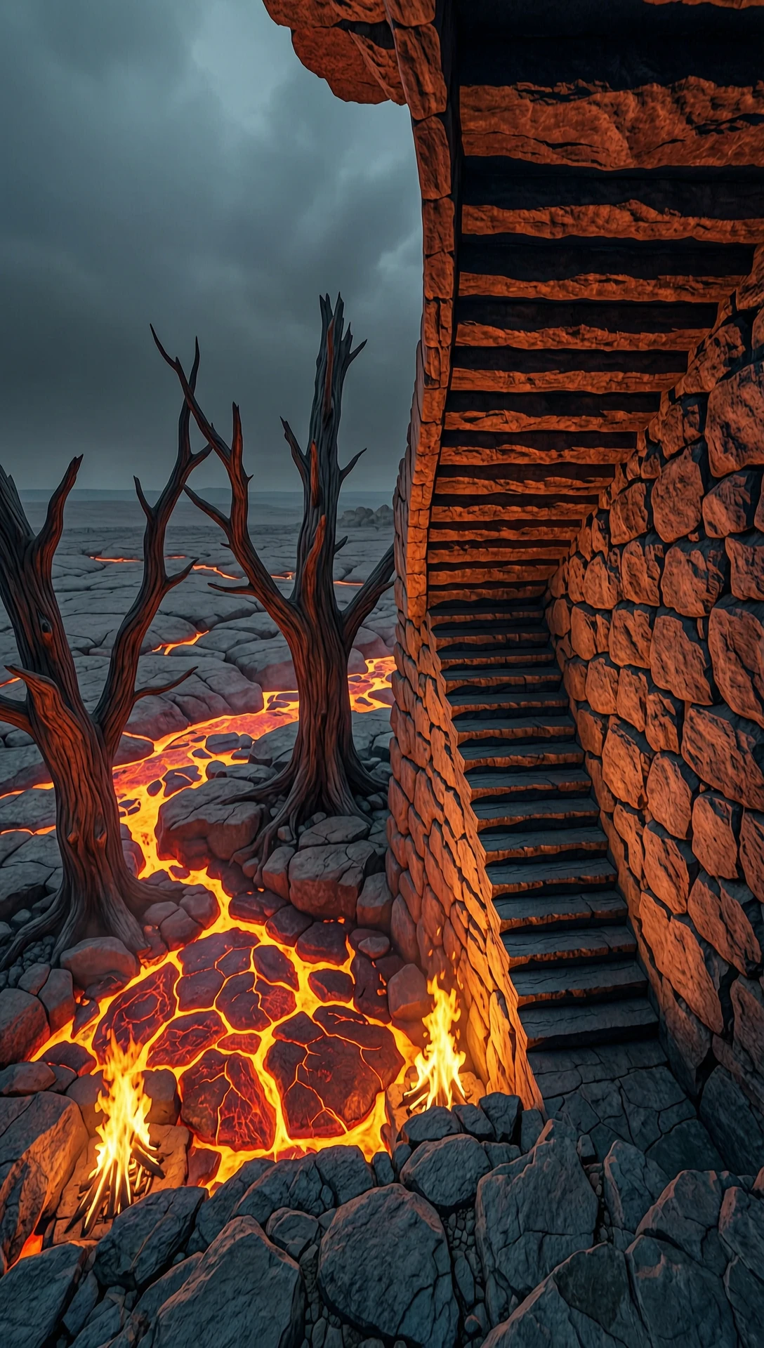 dark staircase, going down, narrowing downwards. There, at the bottom is a stony desert, lava, charred trees, reflections of tongues of flame on the stones. — работа…