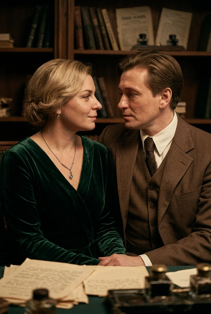 Cinematic film still, hyper-realistic photography. A romantic and melancholic scene set in a dimly lit, atmospheric 1920s Russian intelligentsia salon. A beautiful woman,…