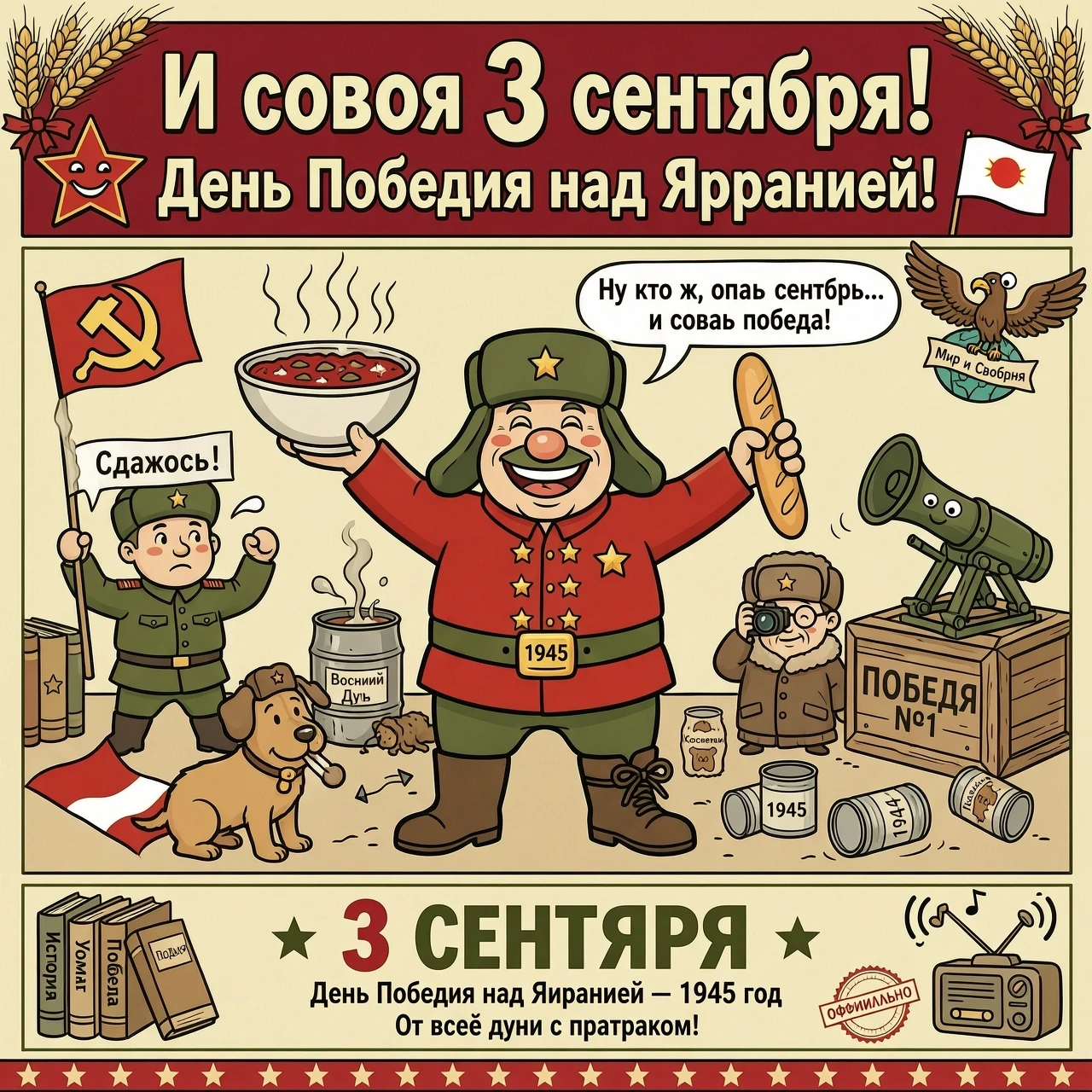 Создай изображение на тему песни Шуфутинского "И снова 3 сентября" добавь к нему, что 3 сентября - день победы над Японией Проверь все надписи на соответствие русскому…
