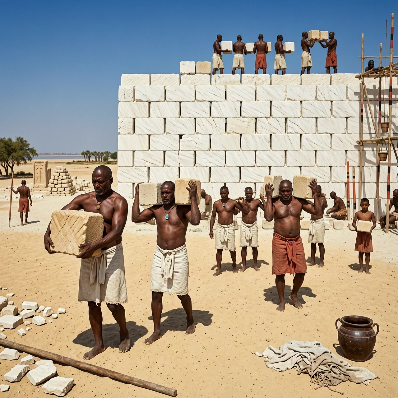 A vibrant, realistic photo of ancient Egyptian construction workers building the Great Temple of Aten in Amarna. Workers are carrying small, uniform sandstone blocks called…