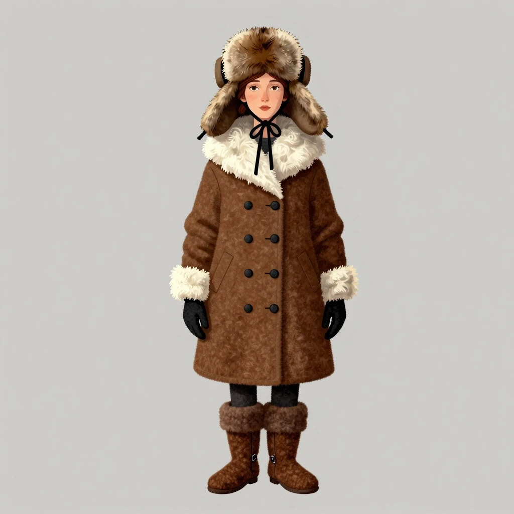 Photo-style illustration by Nicoletta Ciccoli. A woman wearing an ushanka hat with wide fur flaps and laces; a brown coat with a fluffy white fur collar; standing full-length;…