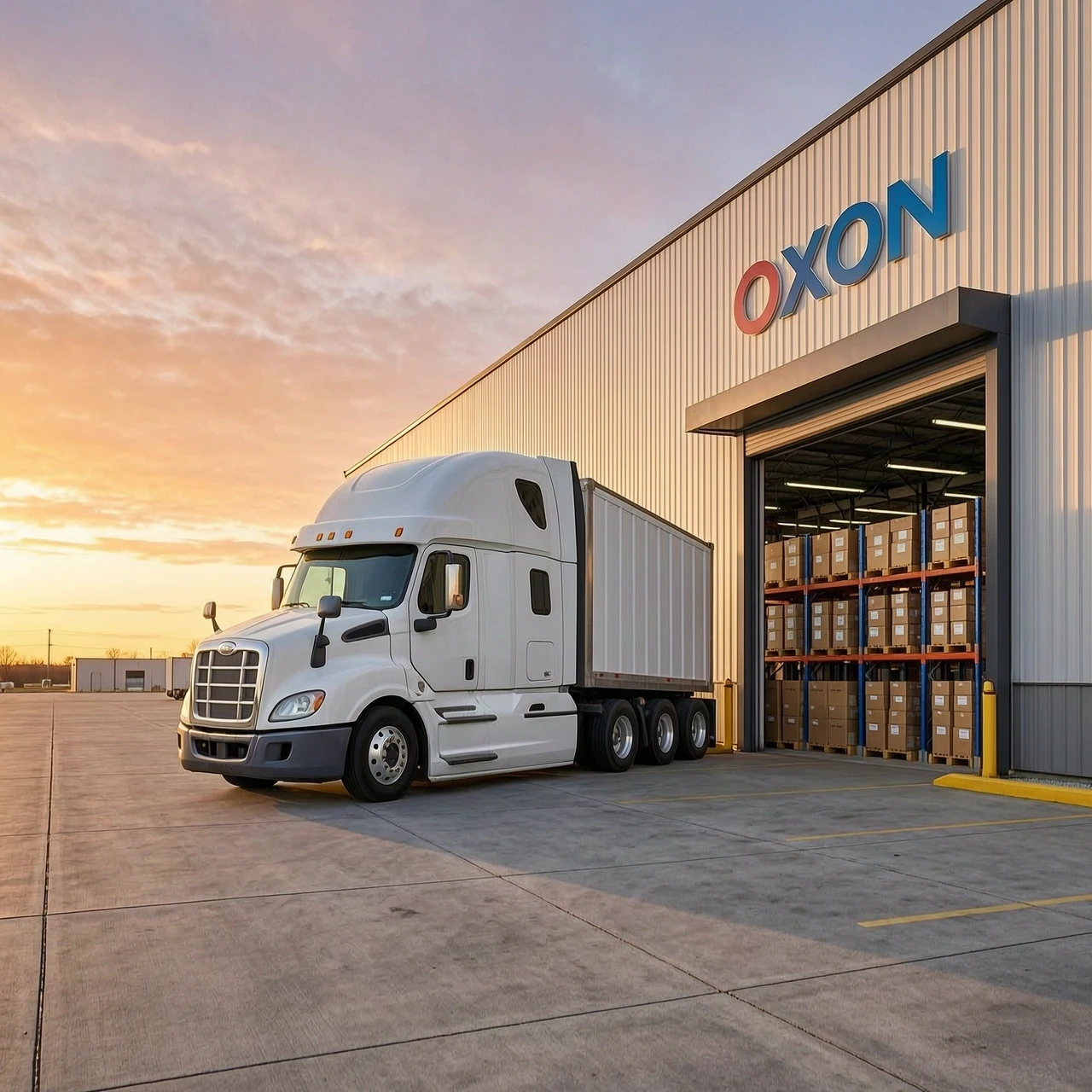 A massive white semi-truck slowly backs up to a large Ozon fulfillment warehouse loading dock at sunrise. Wide angle, realistic lighting — работа пользователя Ослепительная Муза
