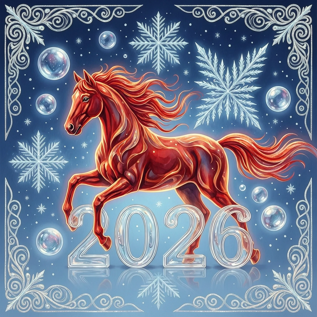 In the double exposure style. An ephemeral mythical creature in the form of a beautiful scarlet fiery horse with a long wavy mane collects the word "2026" from glass…