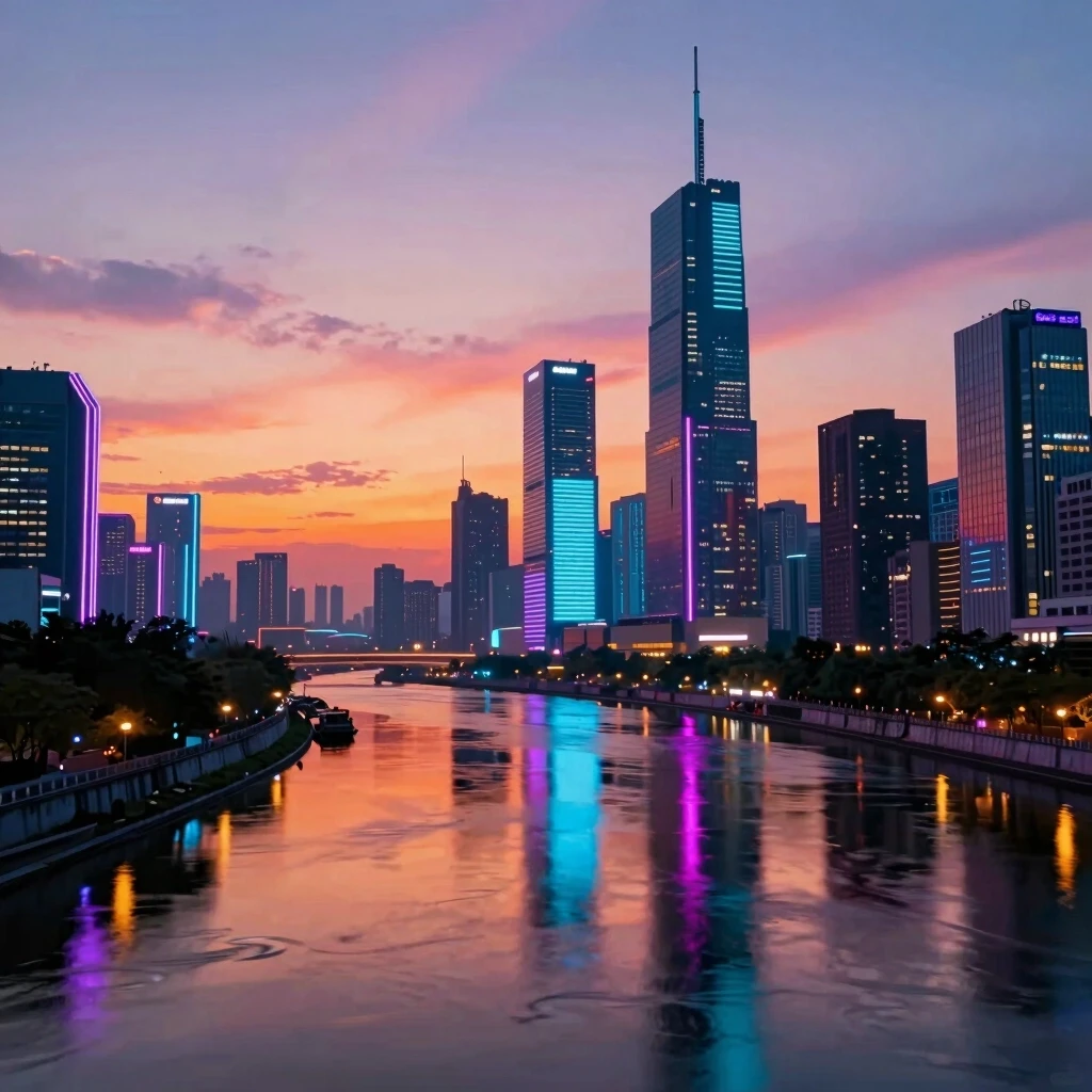 A serene sunset over a futuristic city, with glowing neonlights reflecting on a calm river, cyberpunk style, highly detailed, vibrant colors, 4K resolution. — работа…