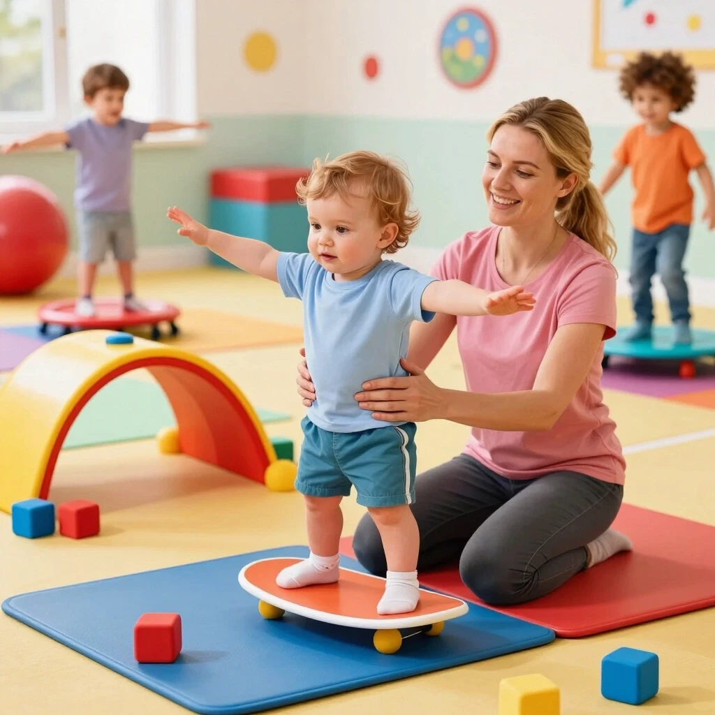 A light-brown-haired toddler standing on a balance board with arms outstretched, a Caucasian mom with blond hair sitting next to him gently holding his waist. Around are…