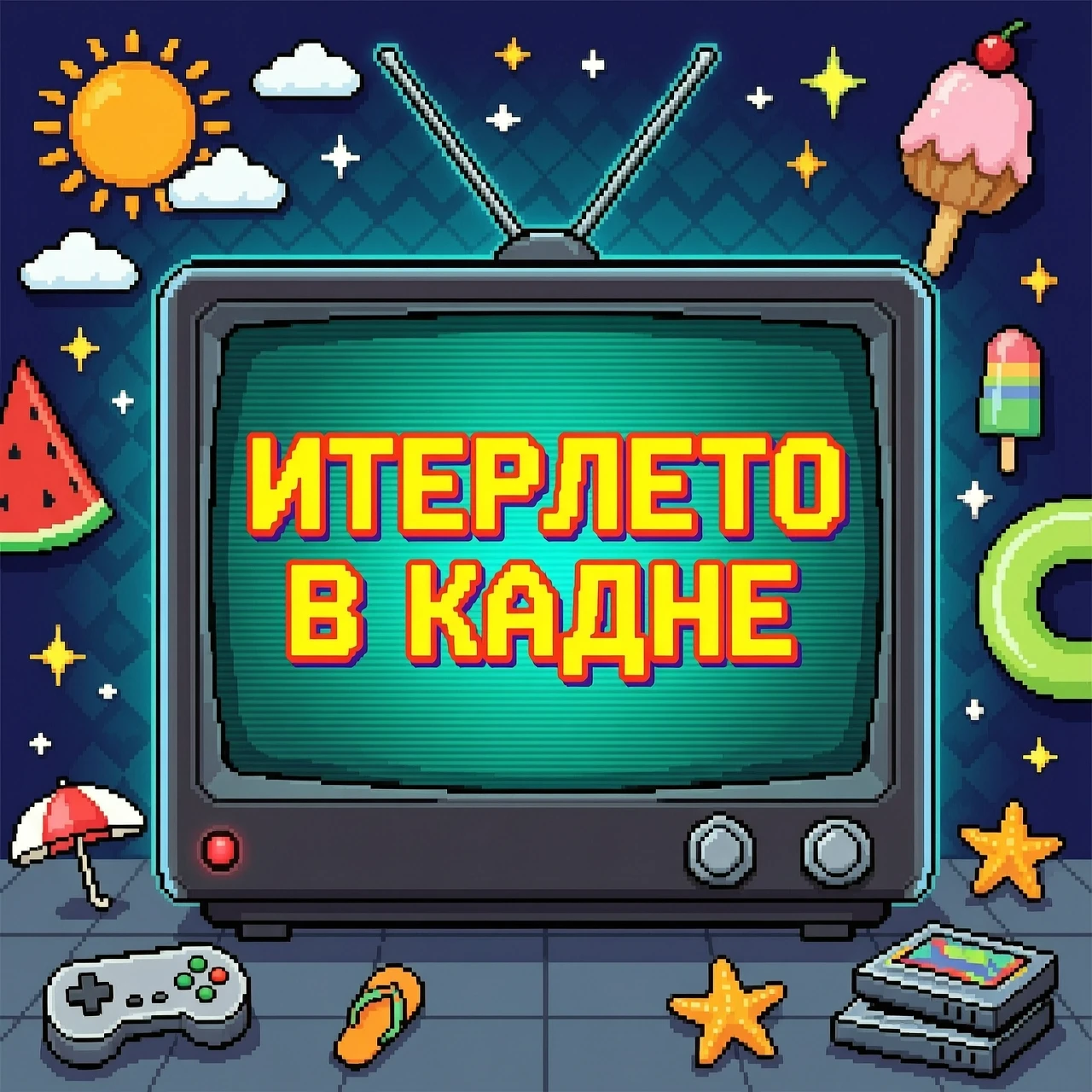 постер, надпись "Итерлето в кадре", в стиле 8битных игр, надпись расположена на экране телевизора — работа пользователя Соблазнительная Колдунья