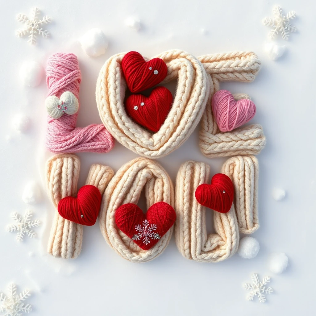 A larger version of the inscription "I LOVE YOU!", two lines of text, voluminous soft letters, like large knitted pillows, thick wool yarn in pastel shades (pink, red,…