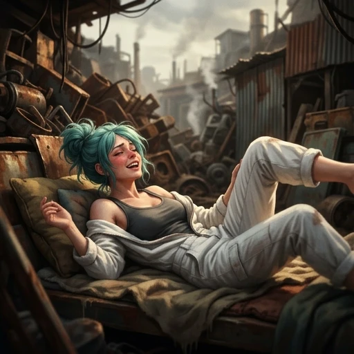 Masterpiece, best quality, Goal from Deponia, turquoise hair in a messy bun, pale skin, wearing unzipped white Elysian jumpsuit, laying on her back, dynamic pose, legs up, focus…