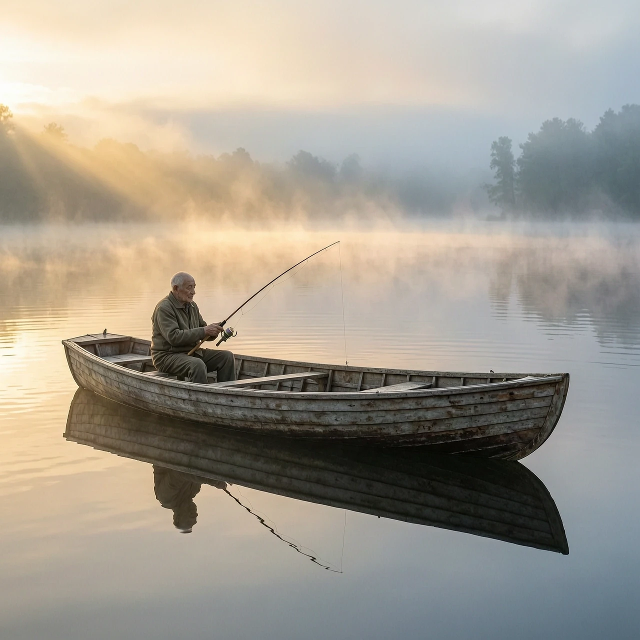 A solitary wooden rowing boat floating in the middle of a vast, mirror-like lake, enveloped in a thick, ethereal morning mist. An elderly fisherman sits peacefully in the boat,…