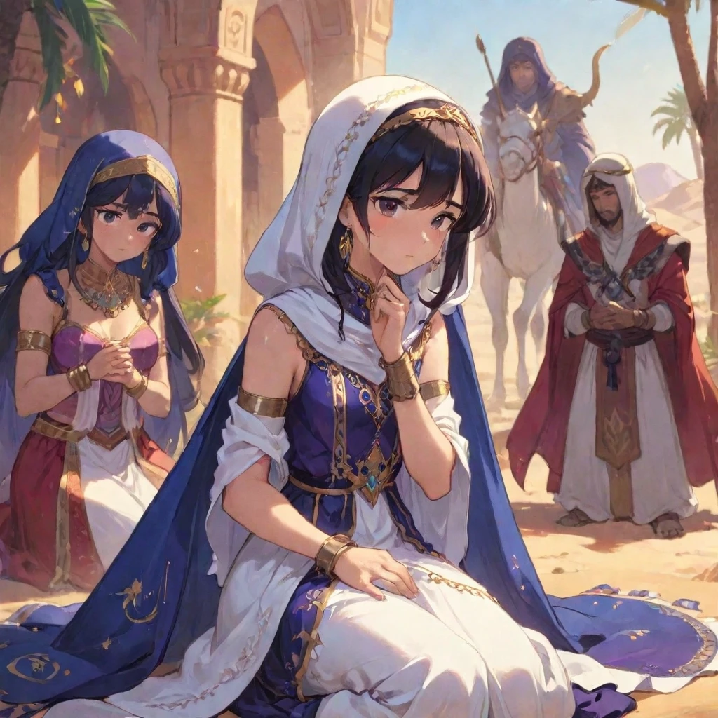 In the background of the desert sit with sad and sorrowful faces, characters from the Arabian fairy tales Thousand One Nights, they have mourning and tears in their eyes.…