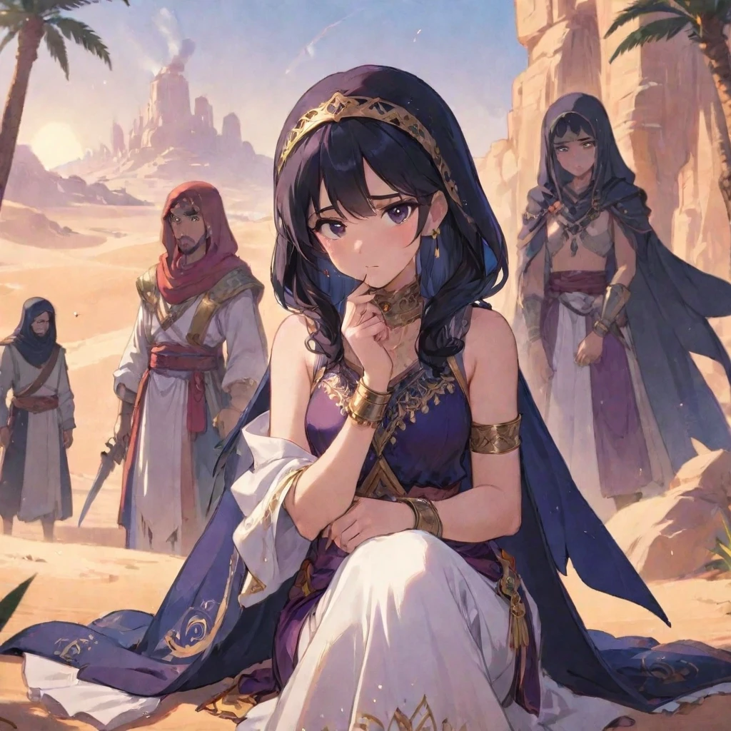 In the background of the desert sit with sad and sorrowful faces, characters from the Arabian fairy tales Thousand One Nights, they have mourning and tears in their eyes.…