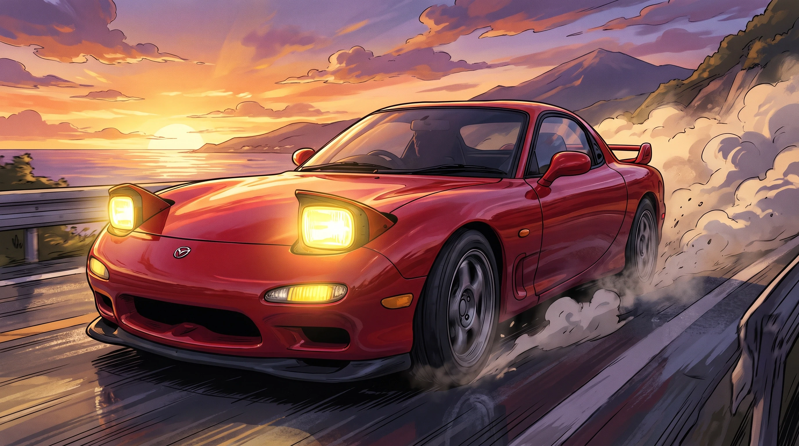 Mazda RX-7, едет по дороге, эпичный ракурс, горящие фары, на фоне рассвета, шедевр, крупный план, стиль аниме с реалистичными деталями — работа пользователя Весенний Герой
