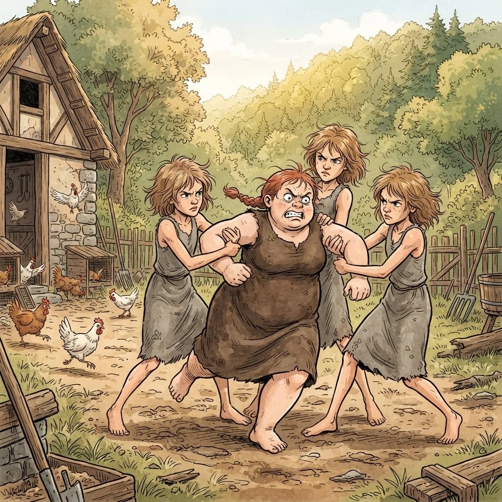Subject and Setting: Four girls wrestling, three holding one by the arms in a backyard, low fantasy. Character (left): Tall, very plump, broad-shouldered. Short red braid,…