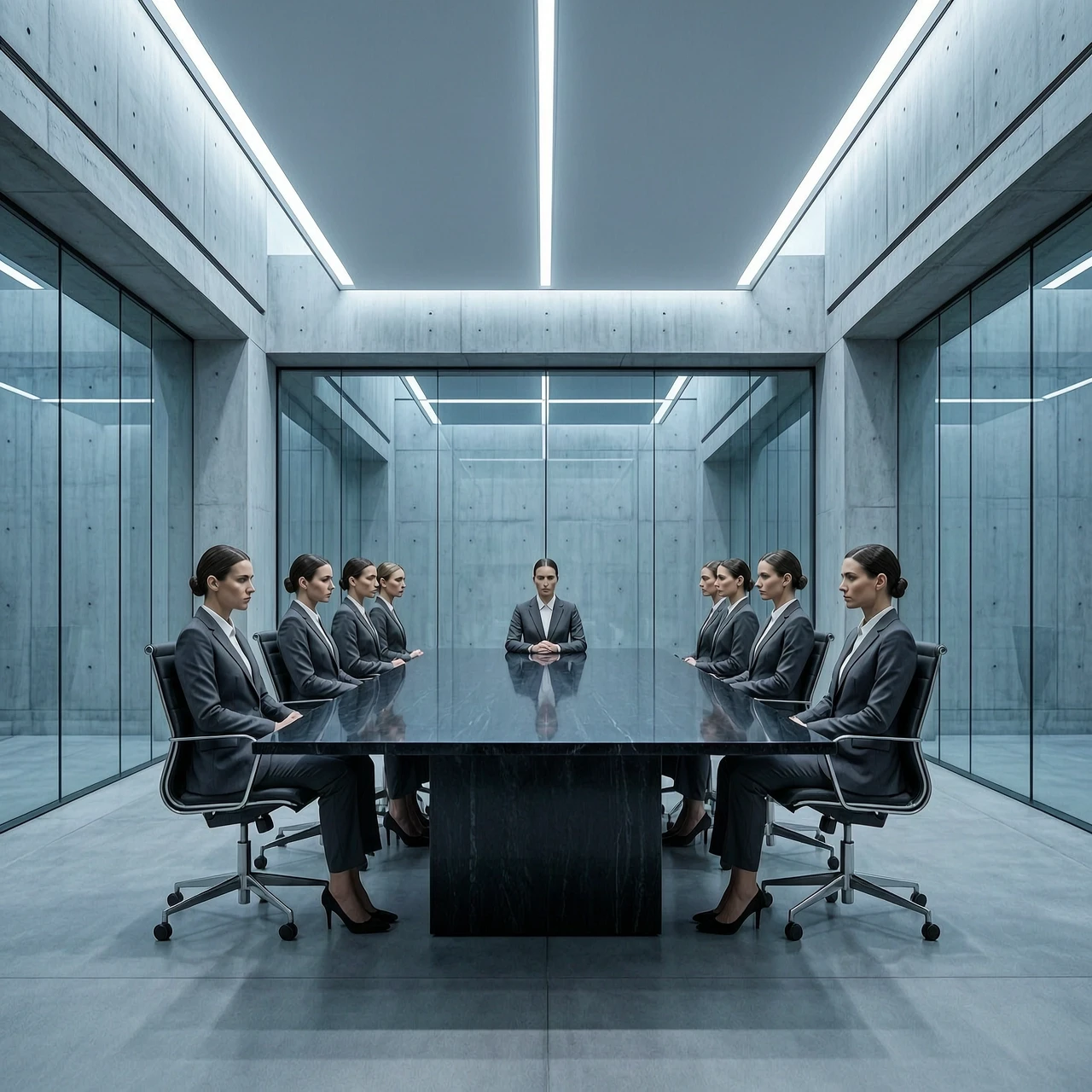 A cinematic, hyper-realistic wide shot of a futuristic corporate boardroom, embodying the concept of absolute rationalism and strict discipline. The environment is a masterpiece…