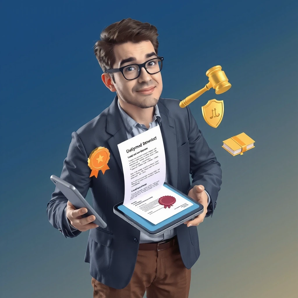 Isometric 3D illustration, middle-aged man standing relaxed, holding a smartphone in his hand, a bright 3D document with a seal and text flying out of the phone screen, floating…