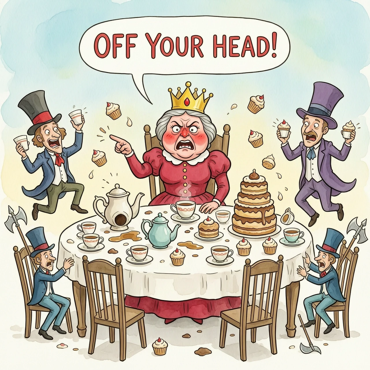 (masterpiece:1.8, acrylic painting:1.5, best quality:1.6, ultra-detailed:1.6). A bizarre and funny image (of the Queen of Hearts), who, sitting at a crazy tea table, angrily…