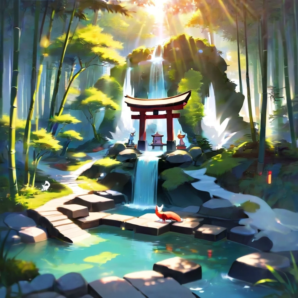 a Japanese shrine dedicated to kitsune, bamboo groves and small lakes along the sides, sunny weather, outline. — работа пользователя Безудержный Свет