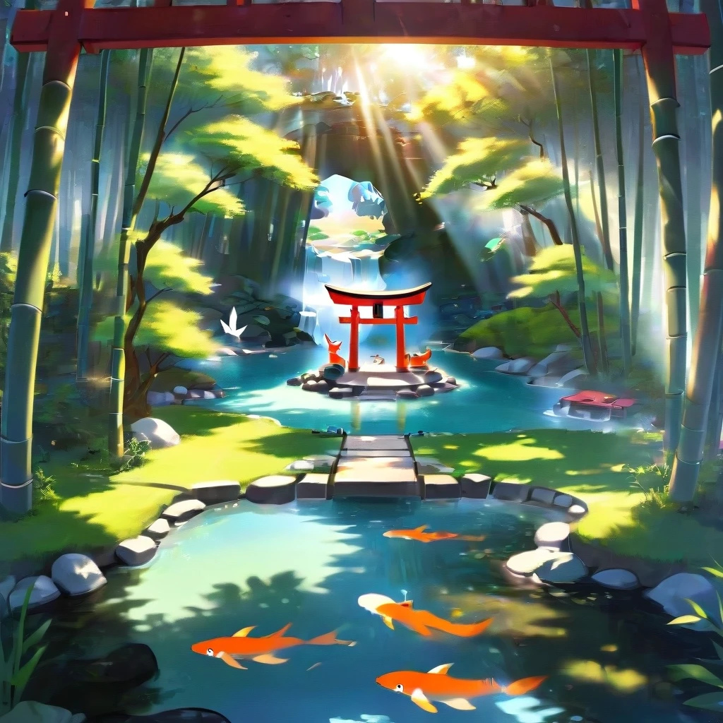 a Japanese shrine dedicated to kitsune, bamboo groves and small lakes along the sides, sunny weather, outline. — работа пользователя Безудержный Свет
