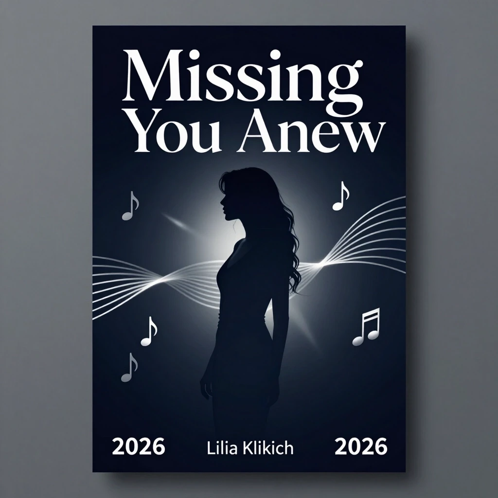Poster design for music premiere, dramatic yet hopeful atmosphere, Lilia Klikich concert poster, "Missing You Anew" song title, cinematic aesthetic, dark blue and…