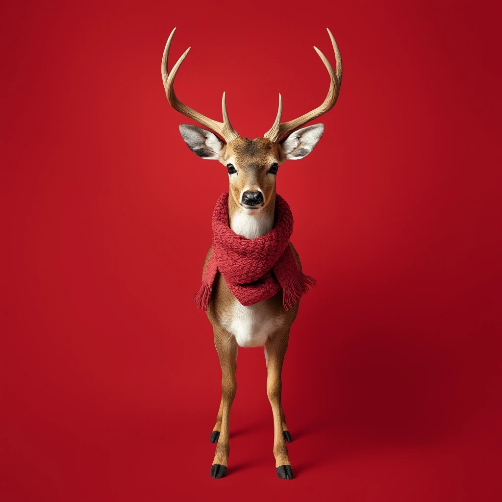 Draw a symmetrical frontal frame in the style of Wes Anderson for the A6 format. In the center is a full—length deer, it stands quietly, with a dusty red wool scarf with fringes…