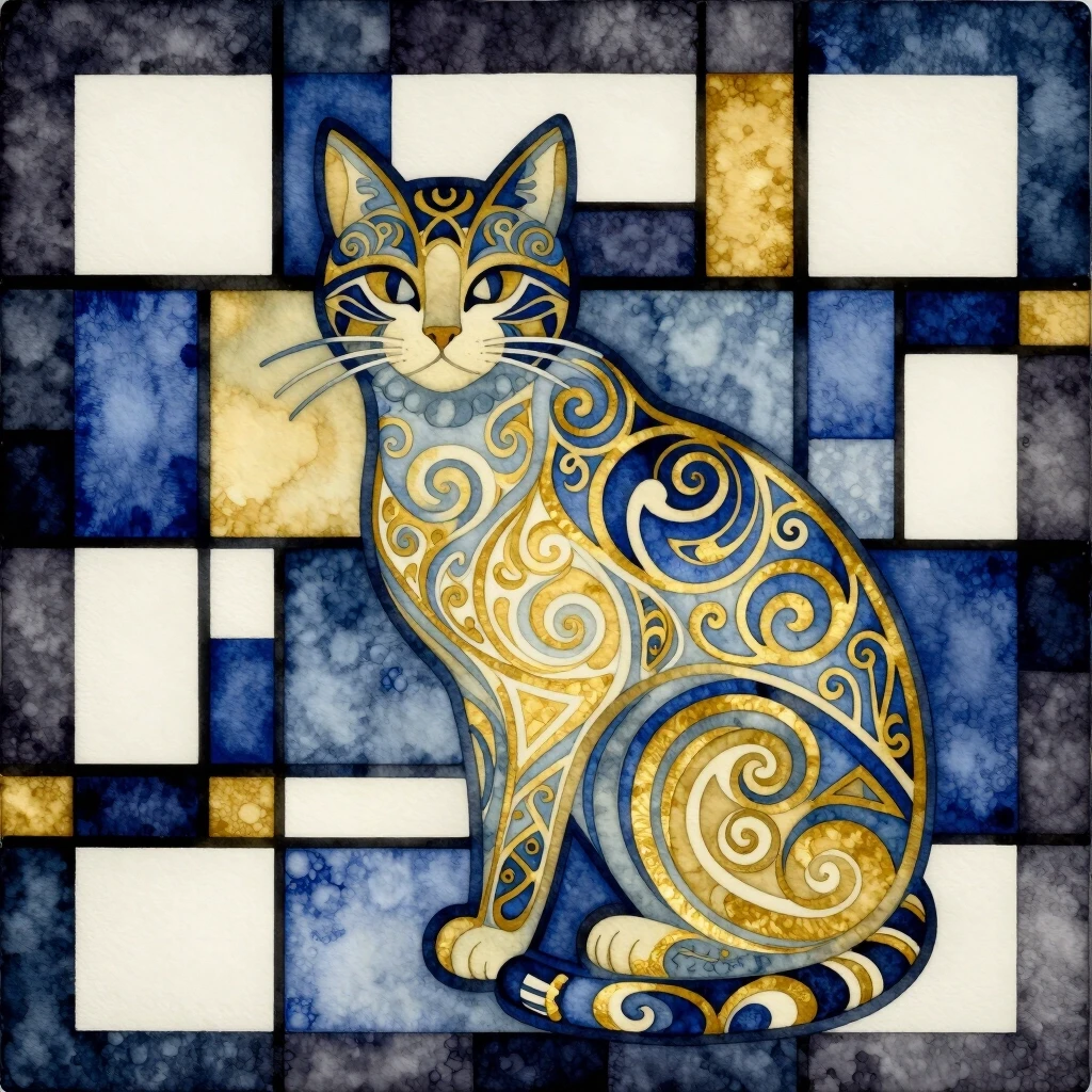 Watercolor in the Art Nouveau and Art Deco style. Vector art. ((On a dark geometric background with many squares and rectangles) (in the style of Mondrian). (Many ornaments).…