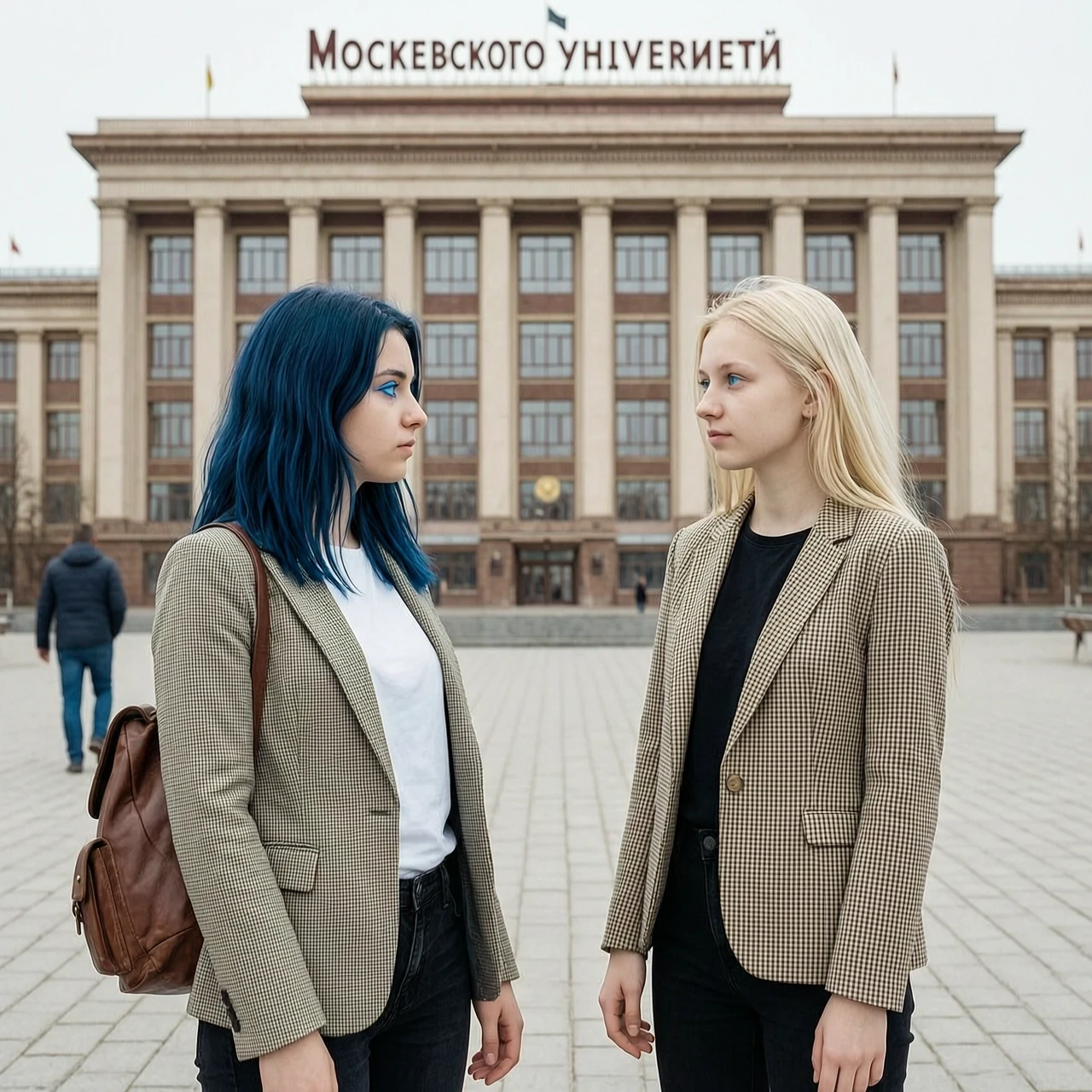 две молодые девушки одна тёмная шатенка с синими глазами, а другая тонкая блондинка с голубыми глазами смотрят друг на друга. обе одеты современно и находятся перед зданием…