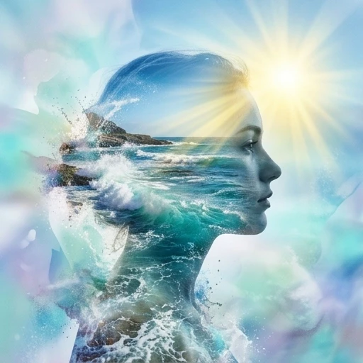 (Double exposure: 1,9). Abstract background (soft colors, marine theme). Seascape (waves, clear water, splashes) inside transparent silhouette of girl's profile. Dissolving…
