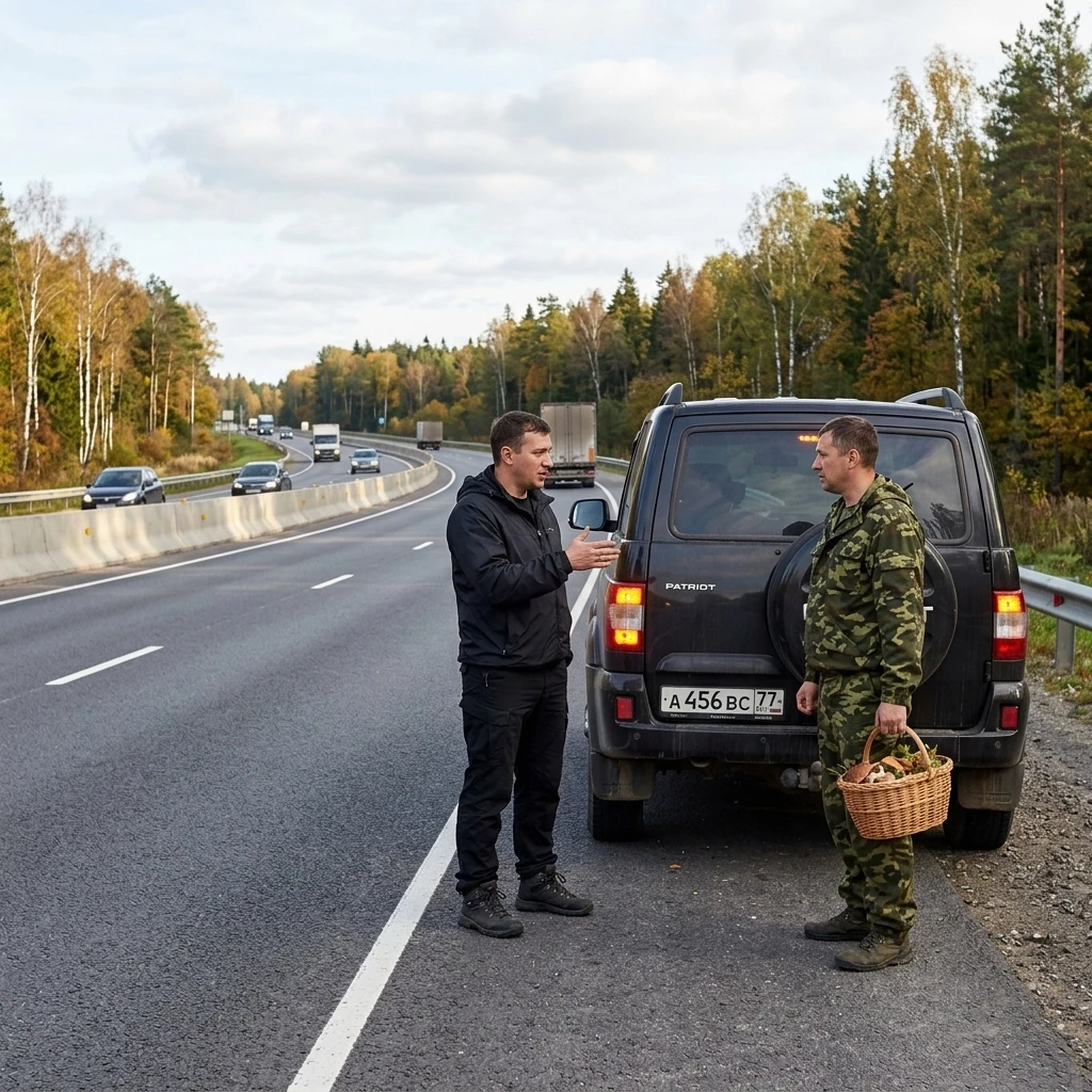 четырёх полосное шоссе с отбойником посередине. На обочине стоит чёрный уаз патриот. Позади него двое мужчин. Один одет в чёрные штаны чёрную ветровку на ногах берцы. Второй…