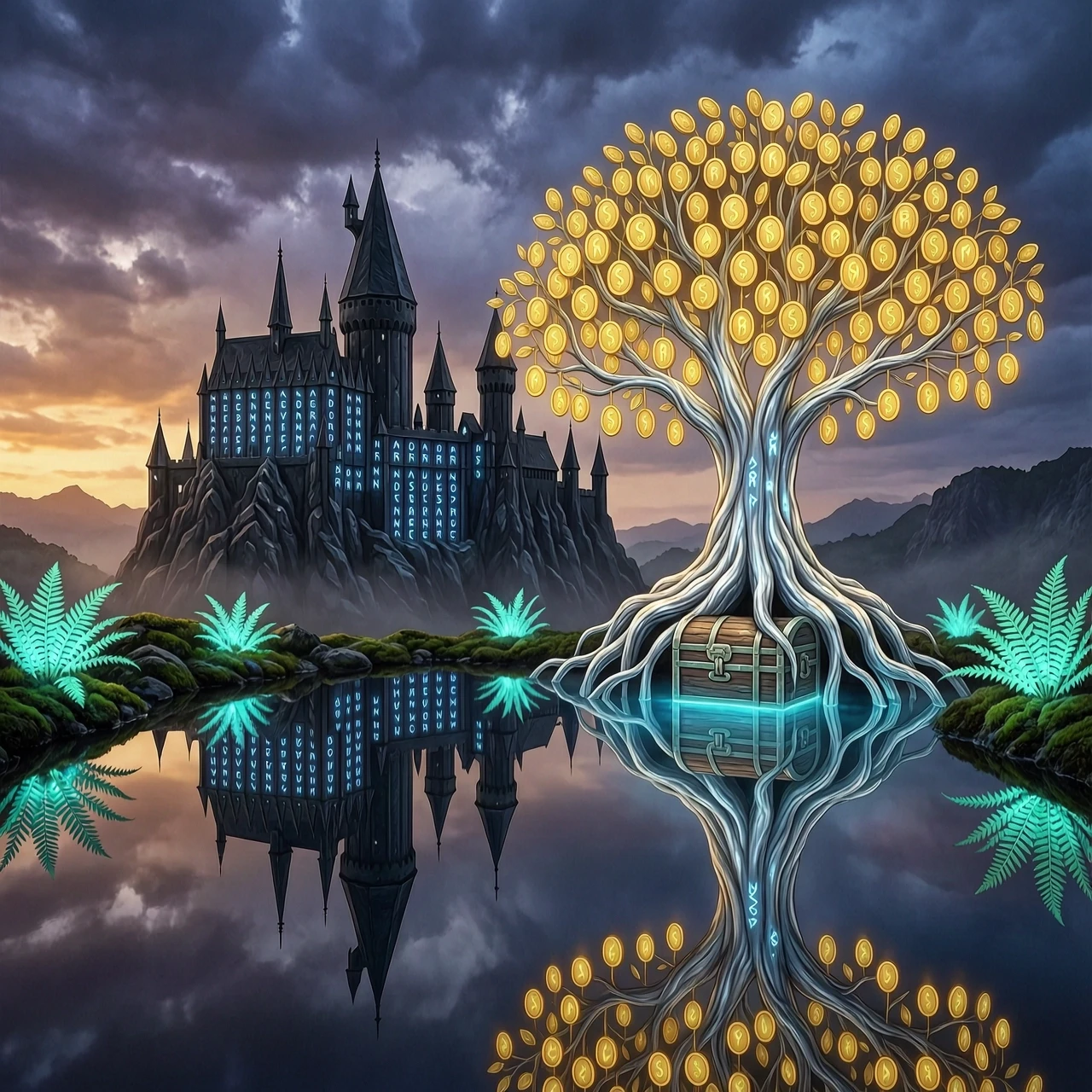 epic fantasy wall art of a grand obsidian castle with glowing runes under a stormy twilight sky, in the foreground a perfectly still mercury-black pond reflecting the castle…