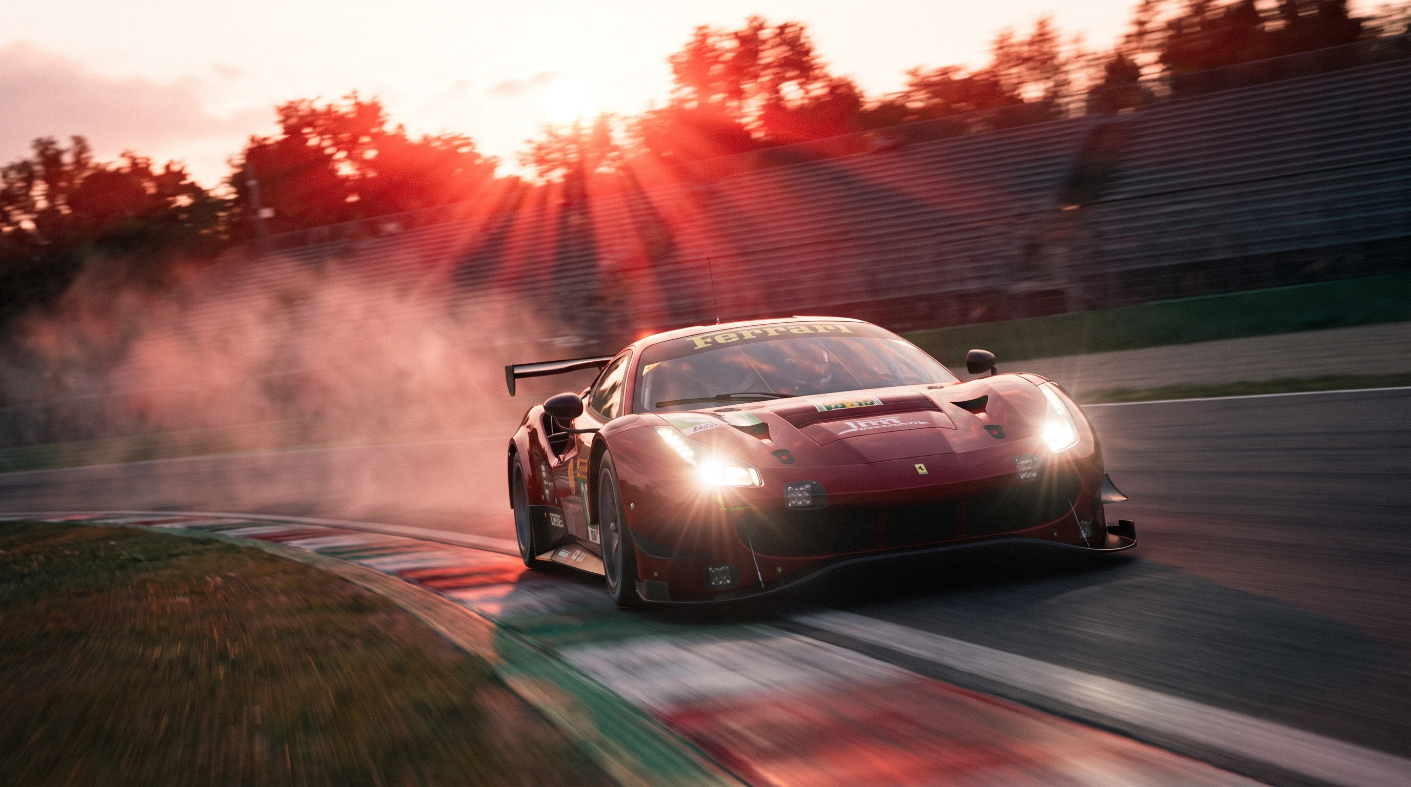 Ferrari 488 GT, едет по гоночной трассе, эпичный ракурс, красные лучи, горящие фары, эффект скорости, кинематографичная съёмка, шедевр — работа пользователя Весенний Герой