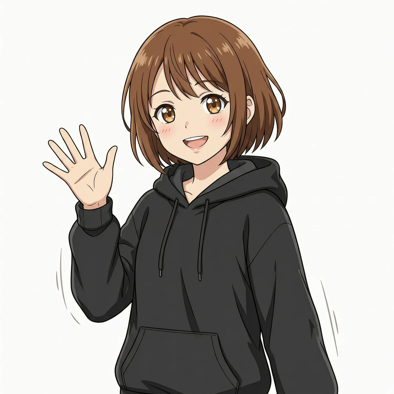 anime style, high quality anime aesthetic, 2D anime style, full-grown anime girl, short brown hair, expressive brown eyes, wearing an oversize black hoodie, solid crisp white…
