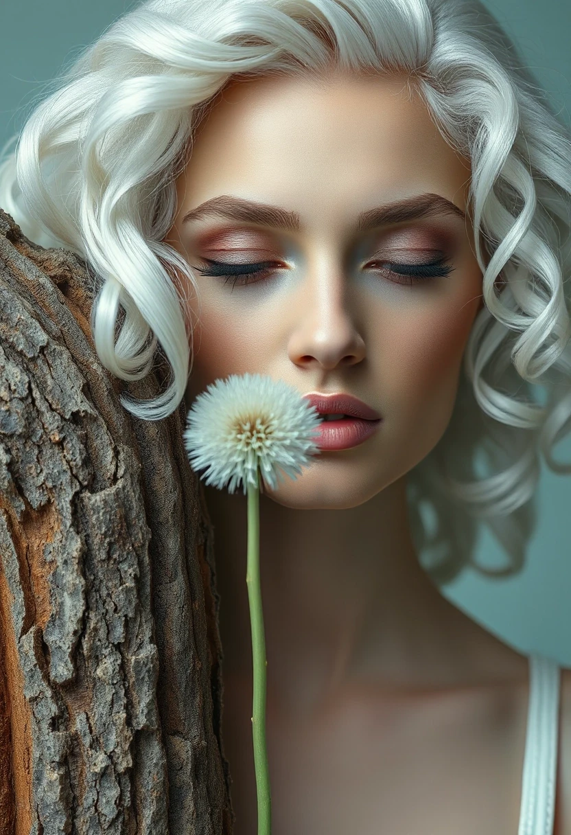 Description: Photorealistic detailed concept art in a minimalist style, various textures, stone and bark, aesthetic, attractive white albino woman looking down, mint lips,…