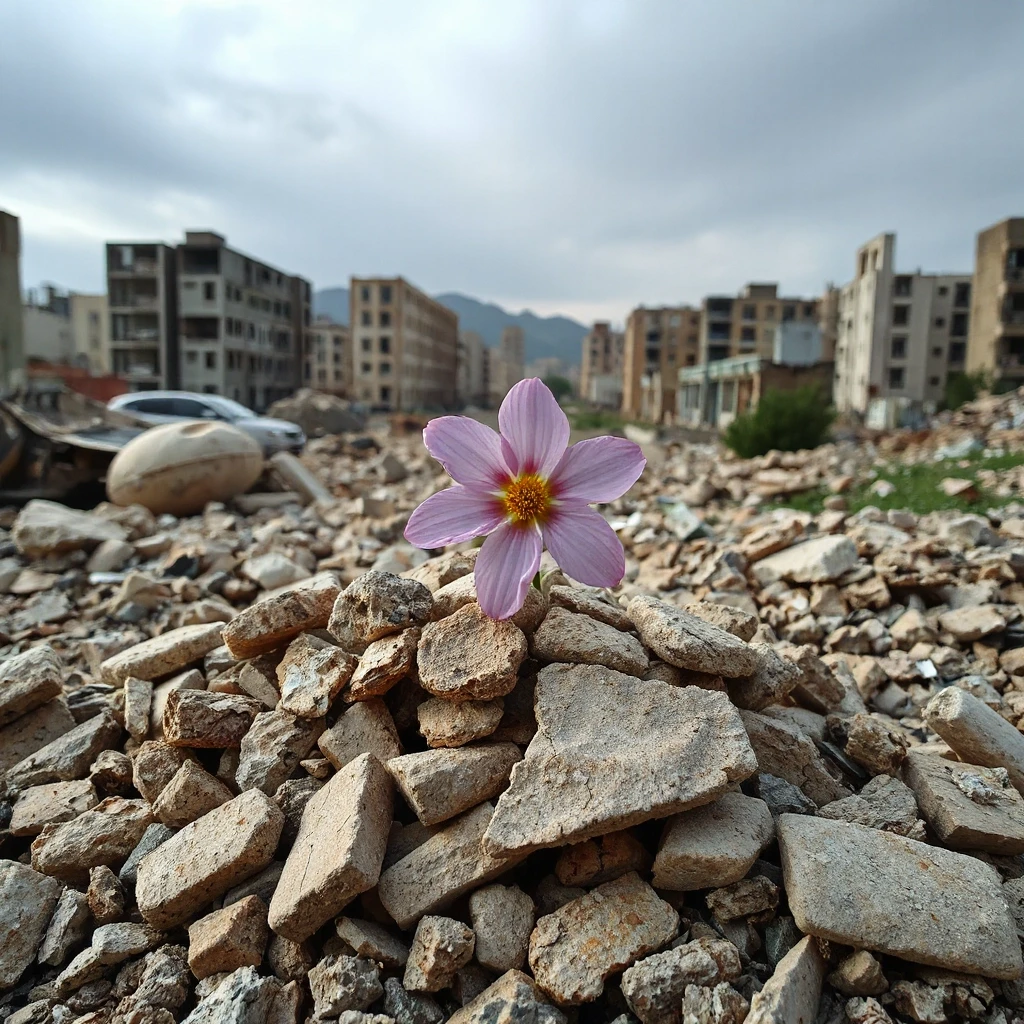 a pink flower sitting on top of a pile of rubble, in a ruined cityscape, life and death, amazing contrasting background, by Wu Wei, by Weiwei, contrast picture, techno-optimism,…