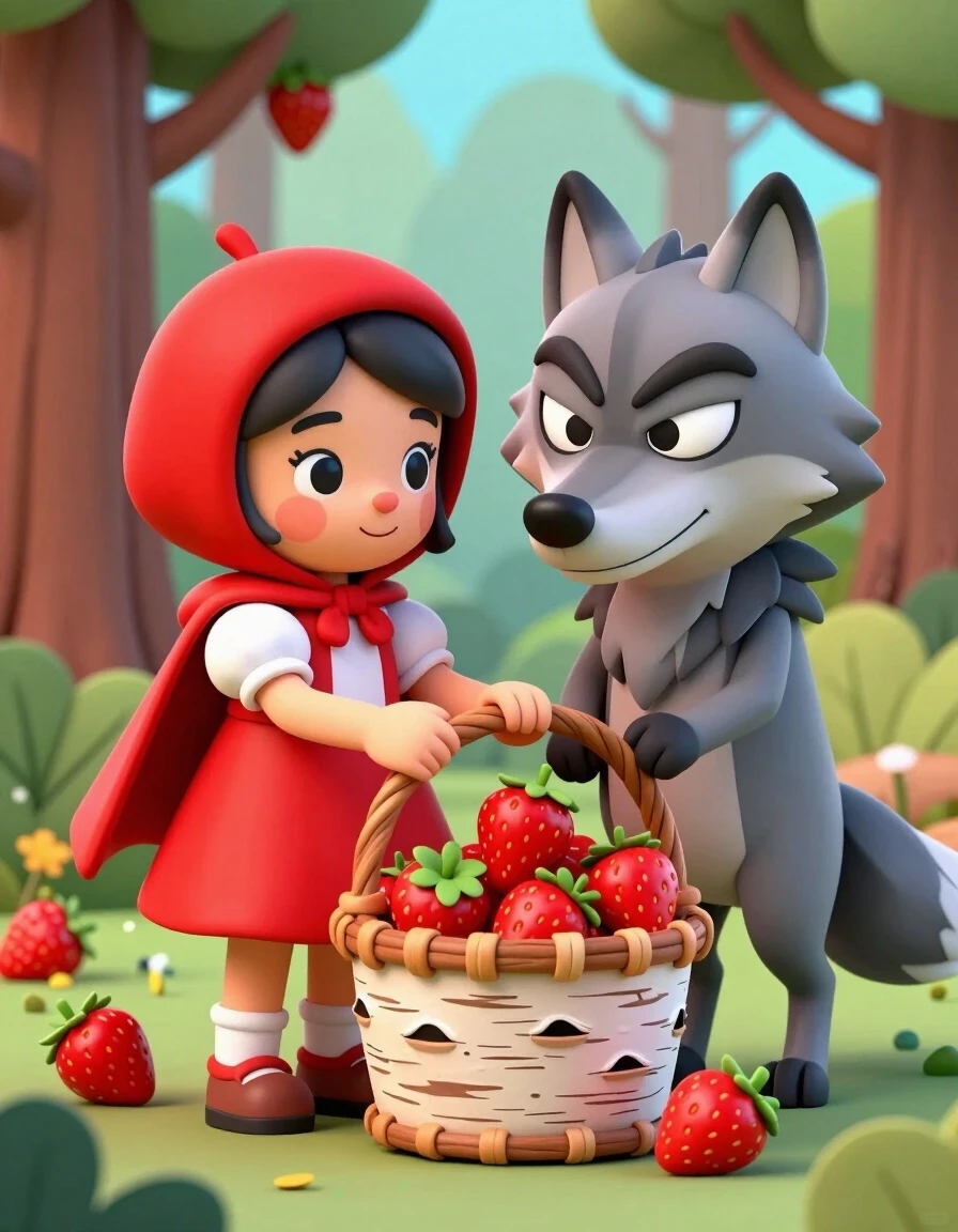 A masterpiece. Create an image. Three-dimensional image: ((Little Red Riding Hood in a red beret):1.6 and (A gray Wolf with sly, sly eyes)1.6 :ripe strawberries are harvested in…