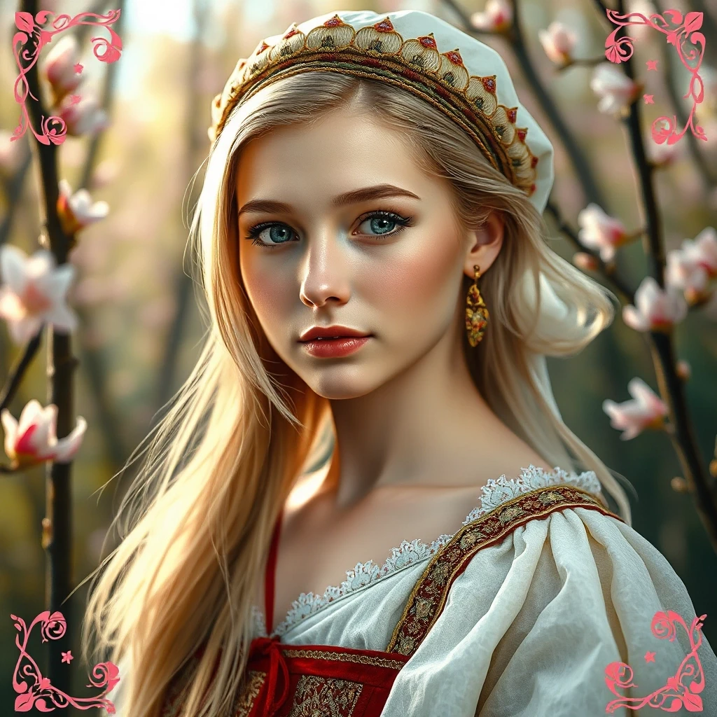 Russian Russians: A detailed portrait of a young woman of Slavic appearance from the 16th century in a traditional long Russian sundress and a traditional Russian cocoanut…