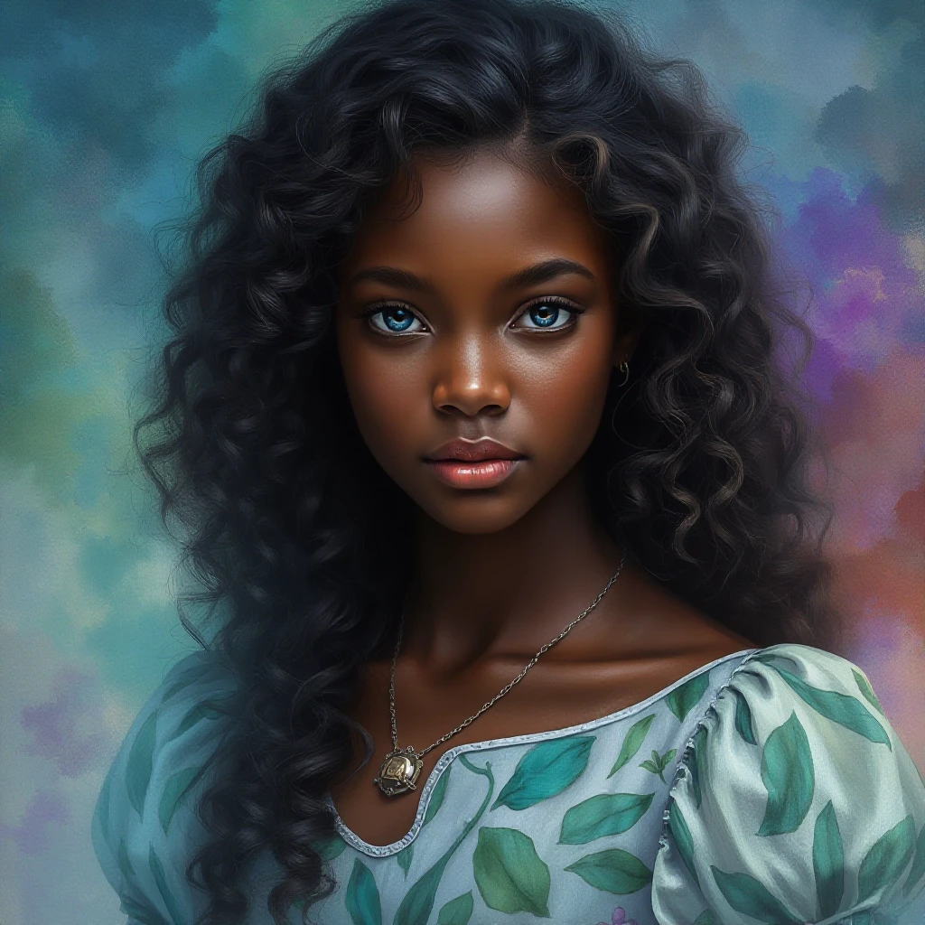Photorealistic. A young mulatto woman with luxurious, long, curly dark brown hair and delicate, realistic, dark skin. Blue eyes. A thin chain with a pendant around the neck. A…