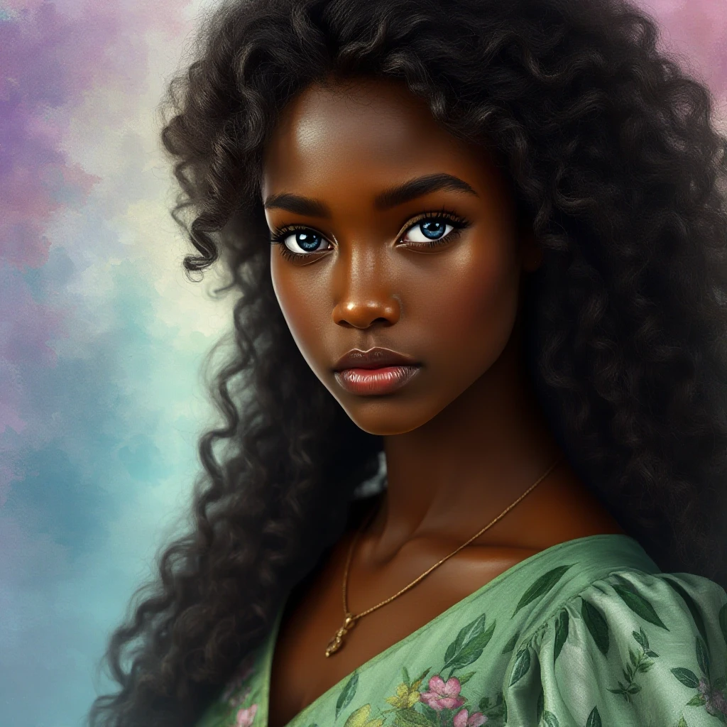 Photorealistic. A young mulatto woman with luxurious, long, curly dark brown hair and delicate, realistic, dark skin. Blue eyes. A thin chain with a pendant around the neck. A…
