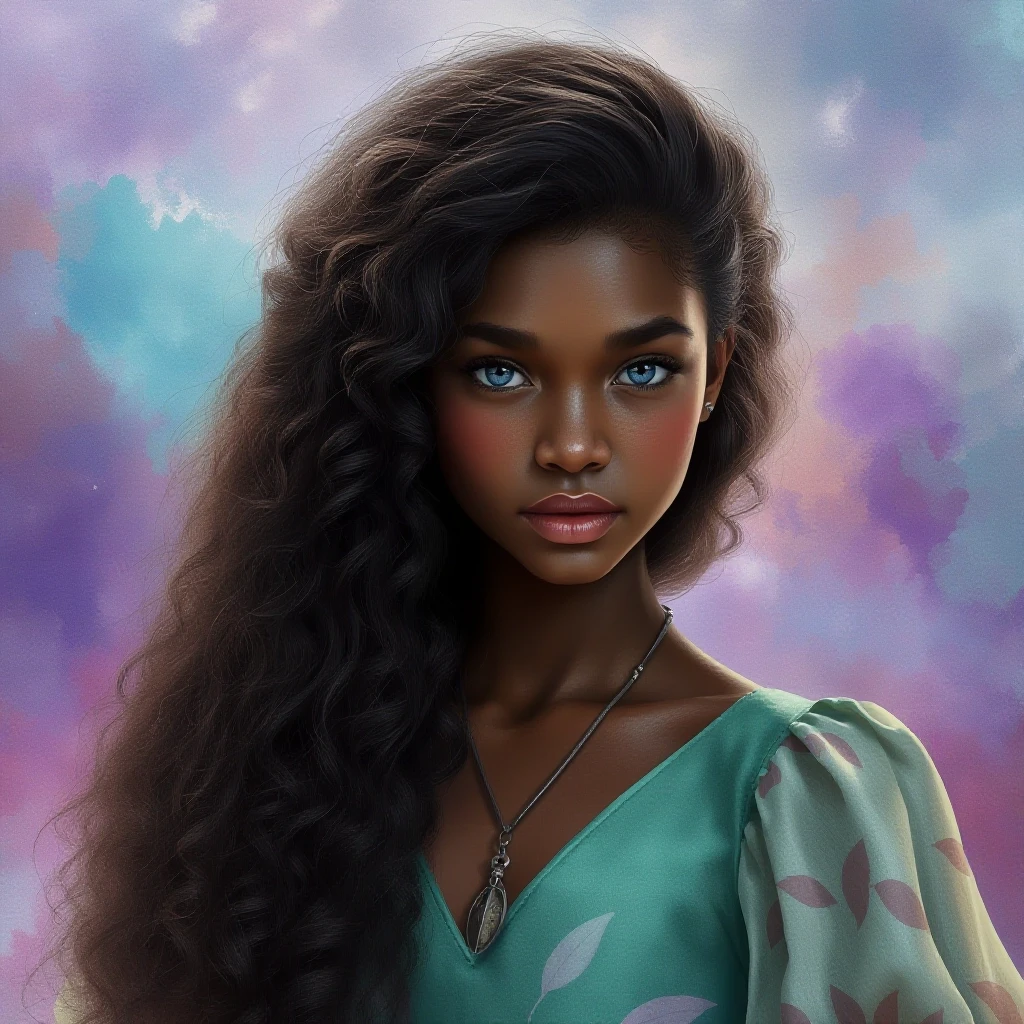 Photorealistic. A young mulatto woman with luxurious, long, curly dark brown hair and delicate, realistic, dark skin. Blue eyes. A thin chain with a pendant around the neck. A…