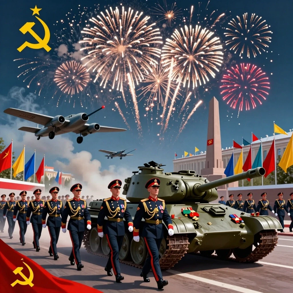 A highly detailed, vibrant illustration celebrating Victory Day on May 9th, featuring a majestic military parade with soldiers in ornate uniforms, grand fireworks illuminating…