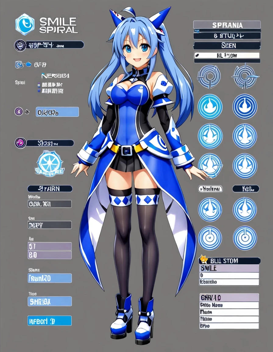 Smile Spiral Neptunia-woman, full height, blue storm top, character sheet, Grey background — работа пользователя Новаторская Симметрия
