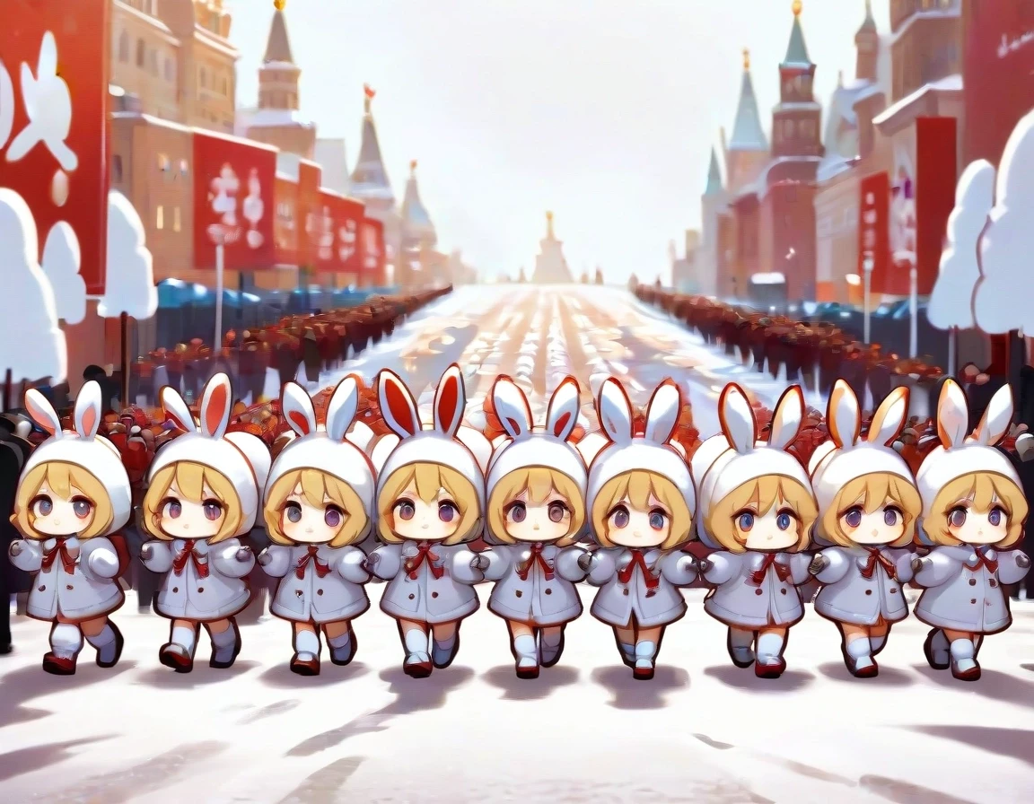 Cute kawaii chibi-style anthropomorphic bunny girls marching in dense multiple parallel rows on snowy Red Square in Moscow. Many ranks of adorable chibi rabbit girls with big…