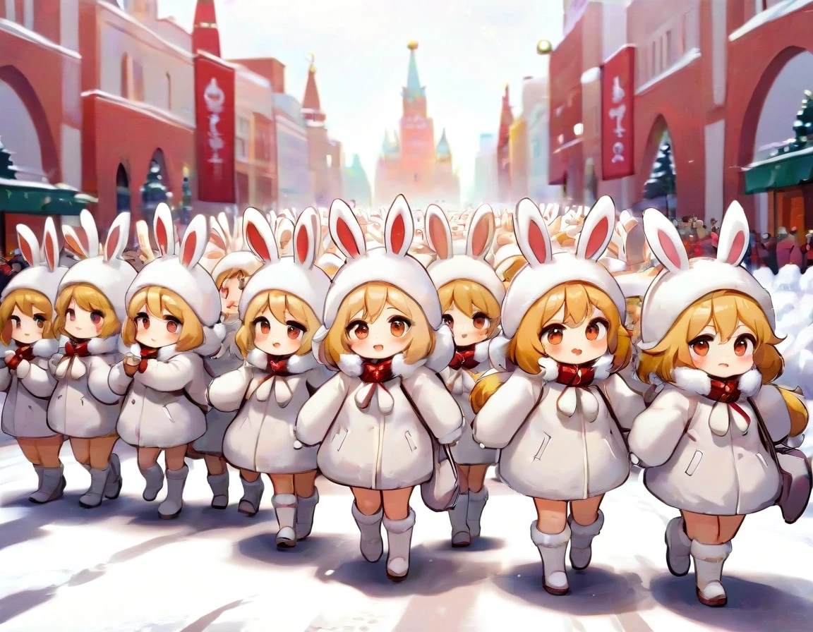 Cute kawaii chibi-style anthropomorphic bunny girls marching in dense multiple parallel rows on snowy Red Square in Moscow. Many ranks of adorable chibi rabbit girls with big…